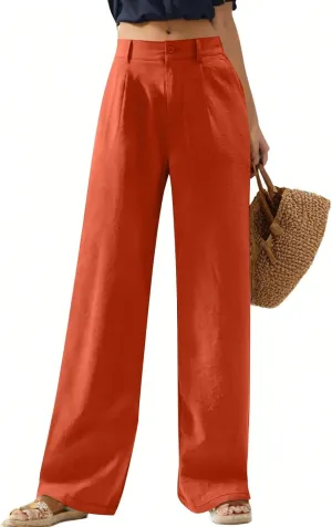 Linen Wide Leg Pants for Women Business Casual High Waisted Dress Pants Button Down Slacks Casual Summer Work Trousers