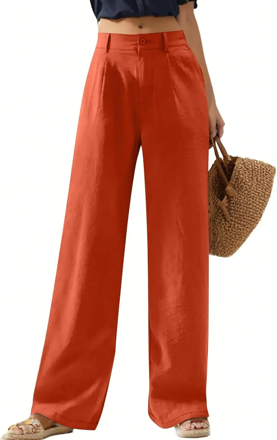 Linen Wide Leg Pants for Women Business Casual High Waisted Dress Pants Button Down Slacks Casual Summer Work Trousers