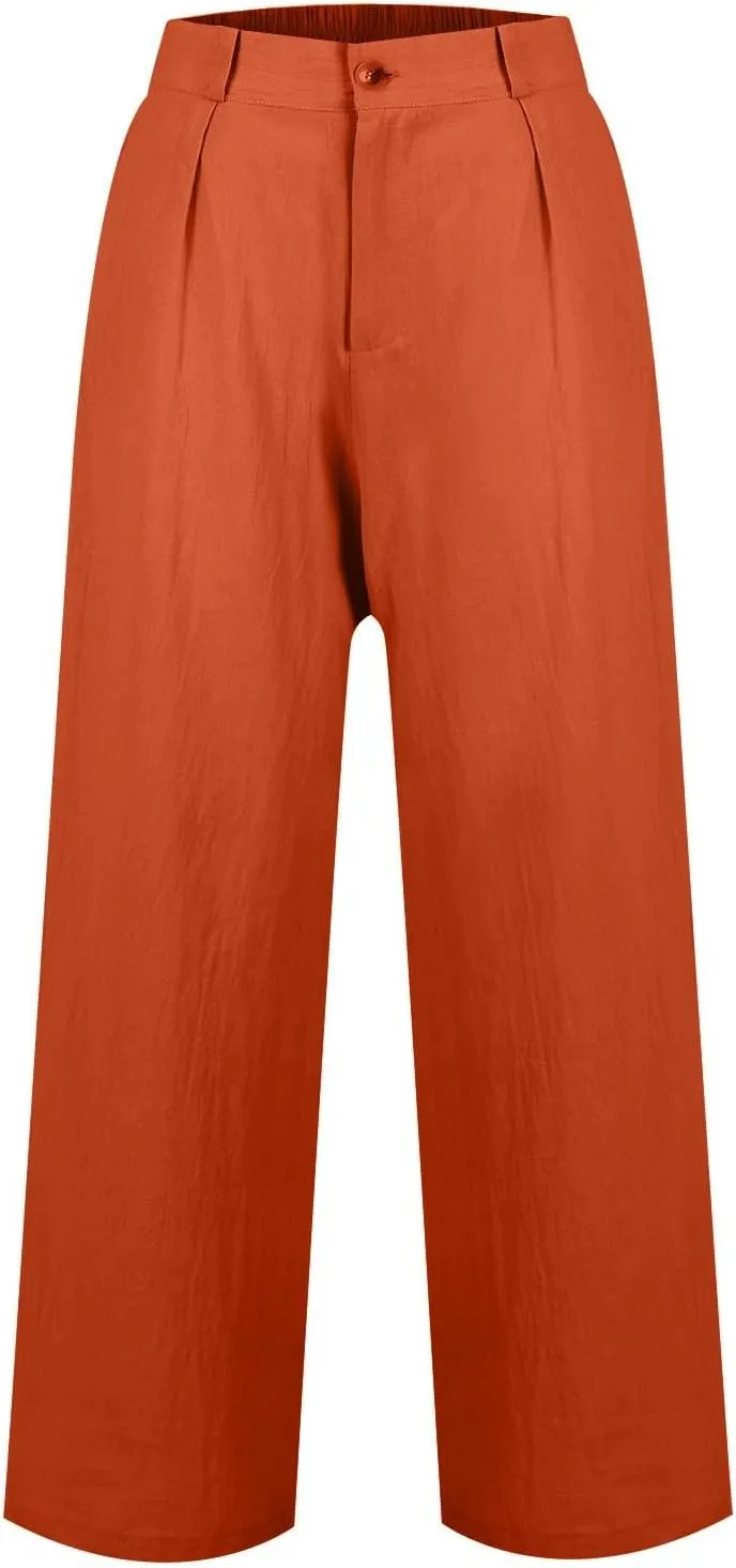 Linen Wide Leg Pants for Women Business Casual High Waisted Dress Pants Button Down Slacks Casual Summer Work Trousers