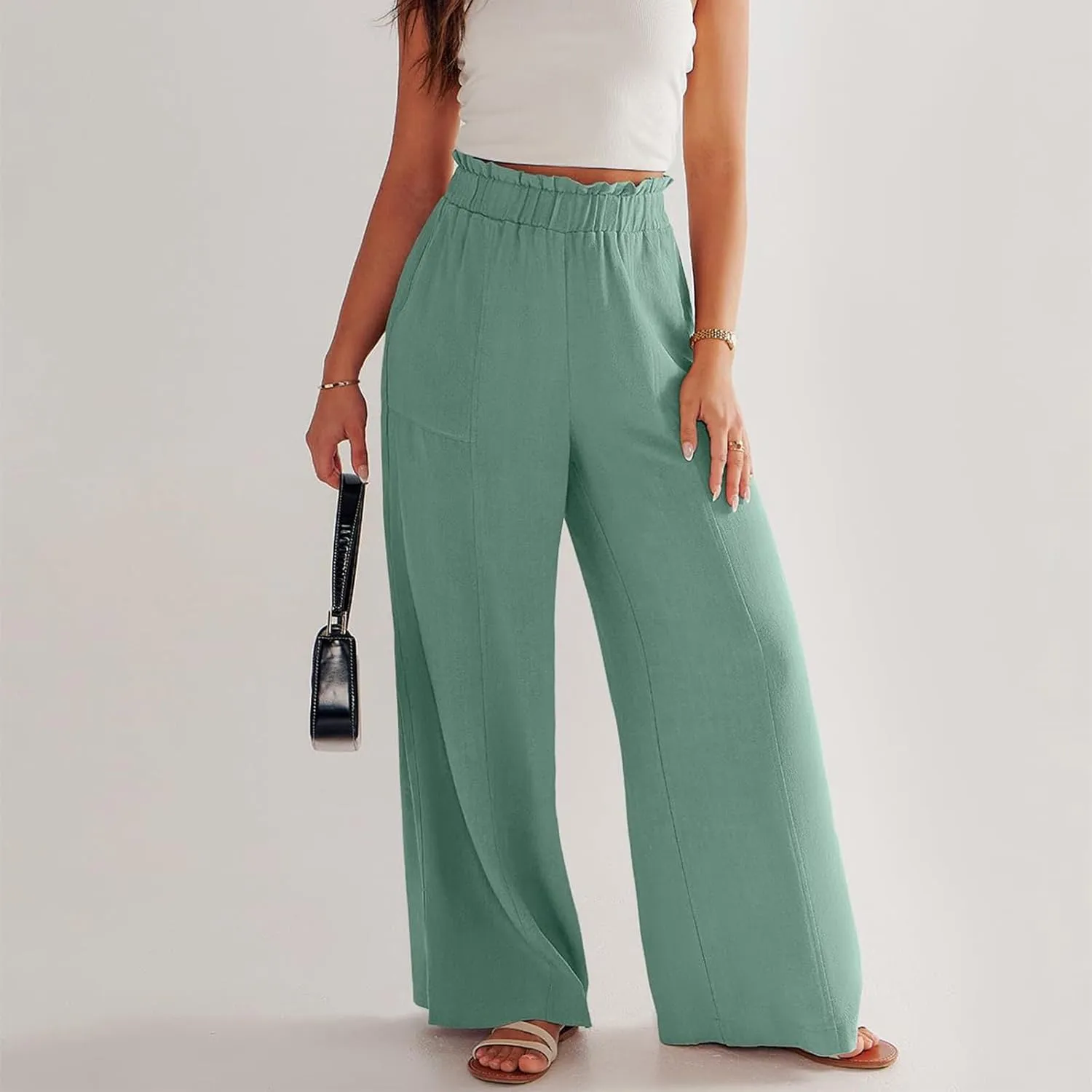 Linen Wide Leg Pants for Women Dressy High Waisted Palazzo Pants Casual Summer Comfy Work Pants Slacks with Pockets