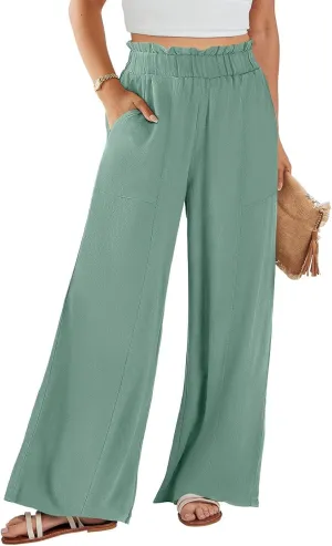 Linen Wide Leg Pants for Women Dressy High Waisted Palazzo Pants Casual Summer Comfy Work Pants Slacks with Pockets