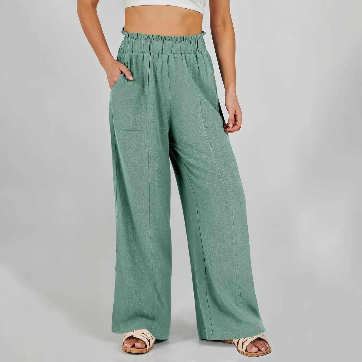 Linen Wide Leg Pants for Women Dressy High Waisted Palazzo Pants Casual Summer Comfy Work Pants Slacks with Pockets