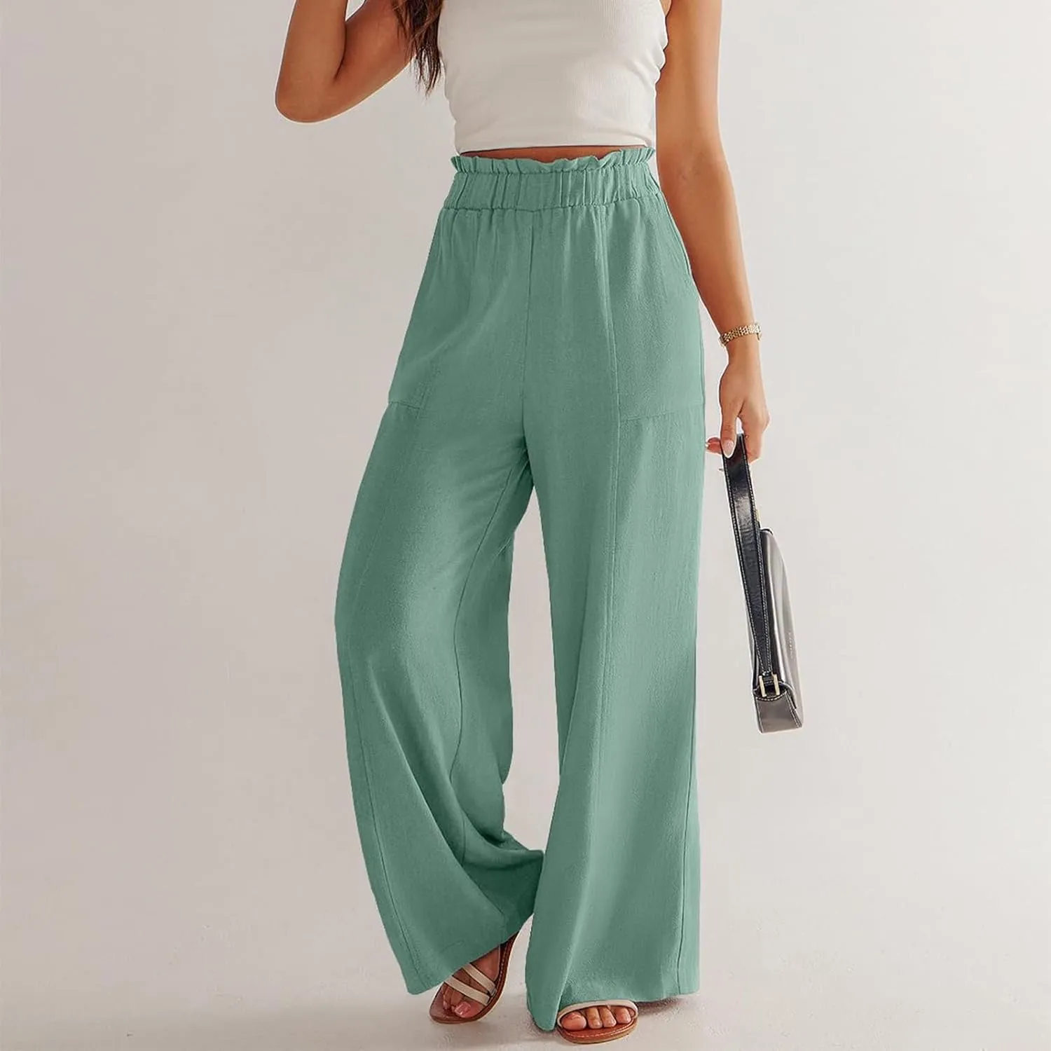 Linen Wide Leg Pants for Women Dressy High Waisted Palazzo Pants Casual Summer Comfy Work Pants Slacks with Pockets