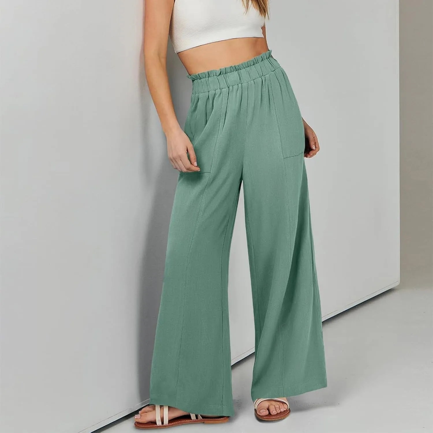 Linen Wide Leg Pants for Women Dressy High Waisted Palazzo Pants Casual Summer Comfy Work Pants Slacks with Pockets