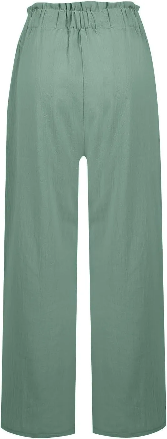 Linen Wide Leg Pants for Women Dressy High Waisted Palazzo Pants Casual Summer Comfy Work Pants Slacks with Pockets