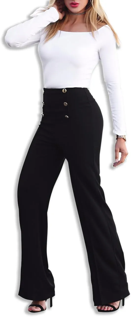 LKOUS Women's Stretchy High Waisted Wide Leg Button-Down Pants Work Dress Pant