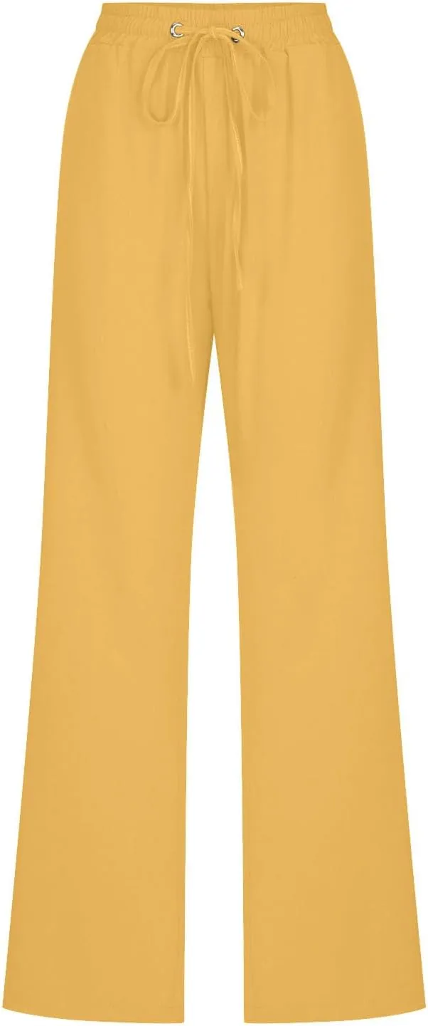 Lmdudan 2025 Women Casual Linen High Waist Pants Drawstring Loose Fit Summer Pants Elastic Waist Trousers with Pockets