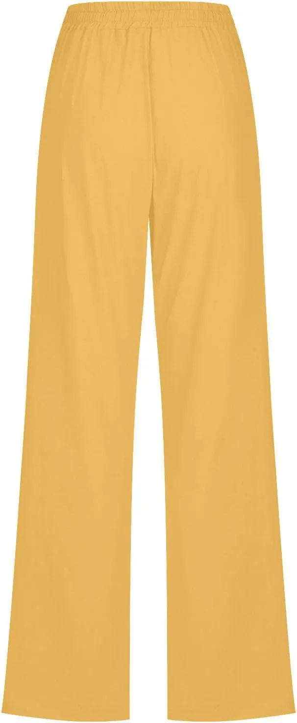 Lmdudan 2025 Women Casual Linen High Waist Pants Drawstring Loose Fit Summer Pants Elastic Waist Trousers with Pockets