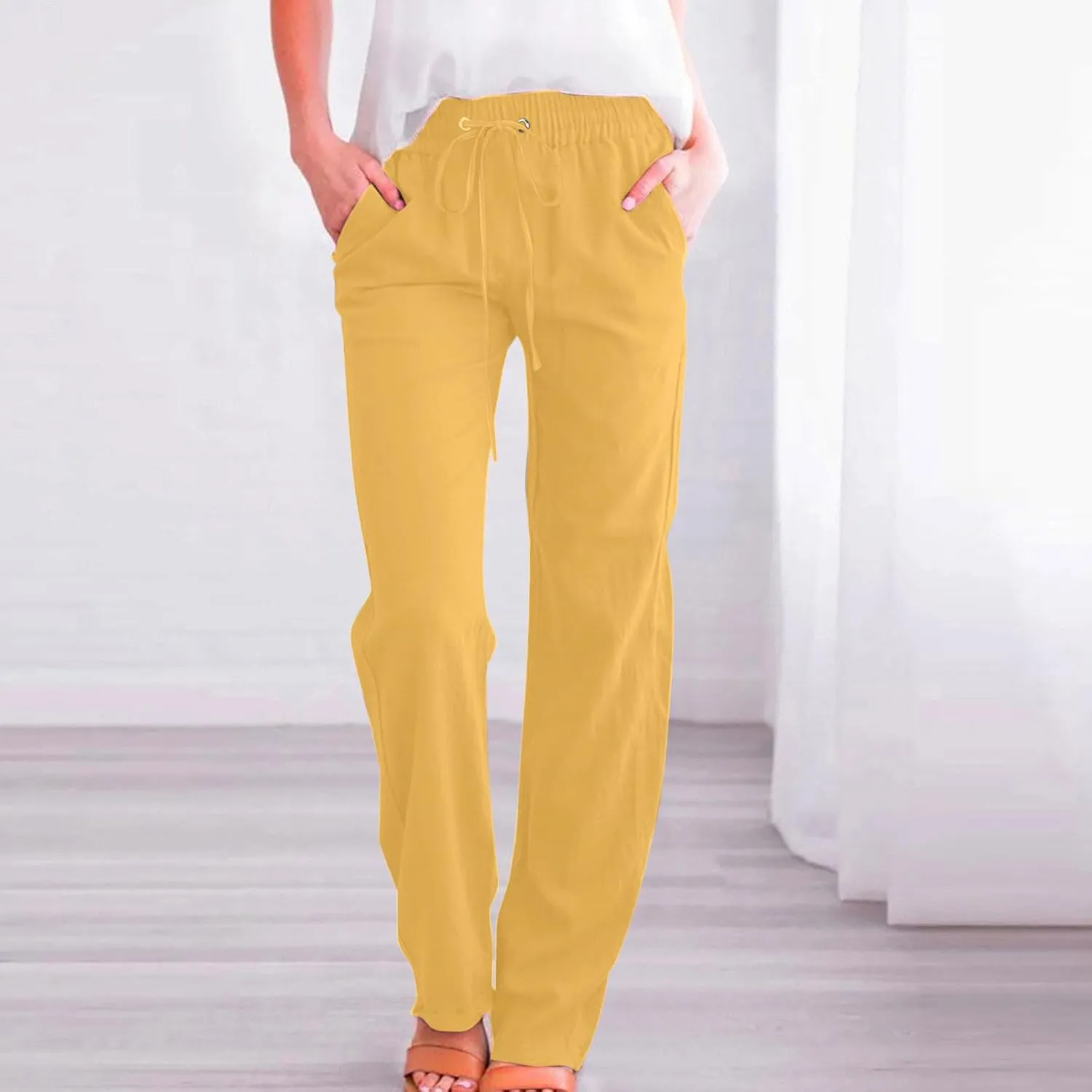 Lmdudan 2025 Women Casual Linen High Waist Pants Drawstring Loose Fit Summer Pants Elastic Waist Trousers with Pockets