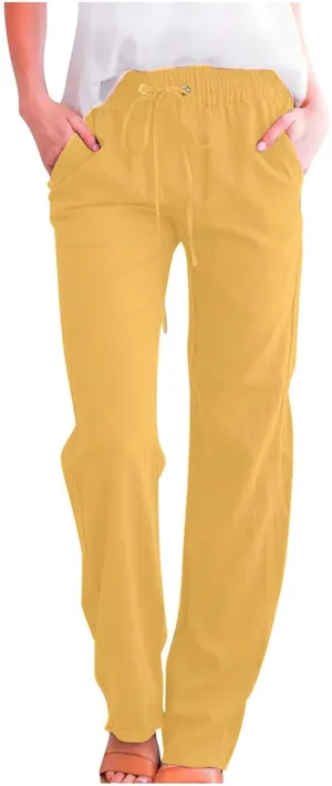 Lmdudan 2025 Women Casual Linen High Waist Pants Drawstring Loose Fit Summer Pants Elastic Waist Trousers with Pockets