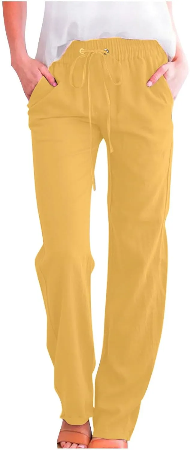 Lmdudan 2025 Women Casual Linen High Waist Pants Drawstring Loose Fit Summer Pants Elastic Waist Trousers with Pockets