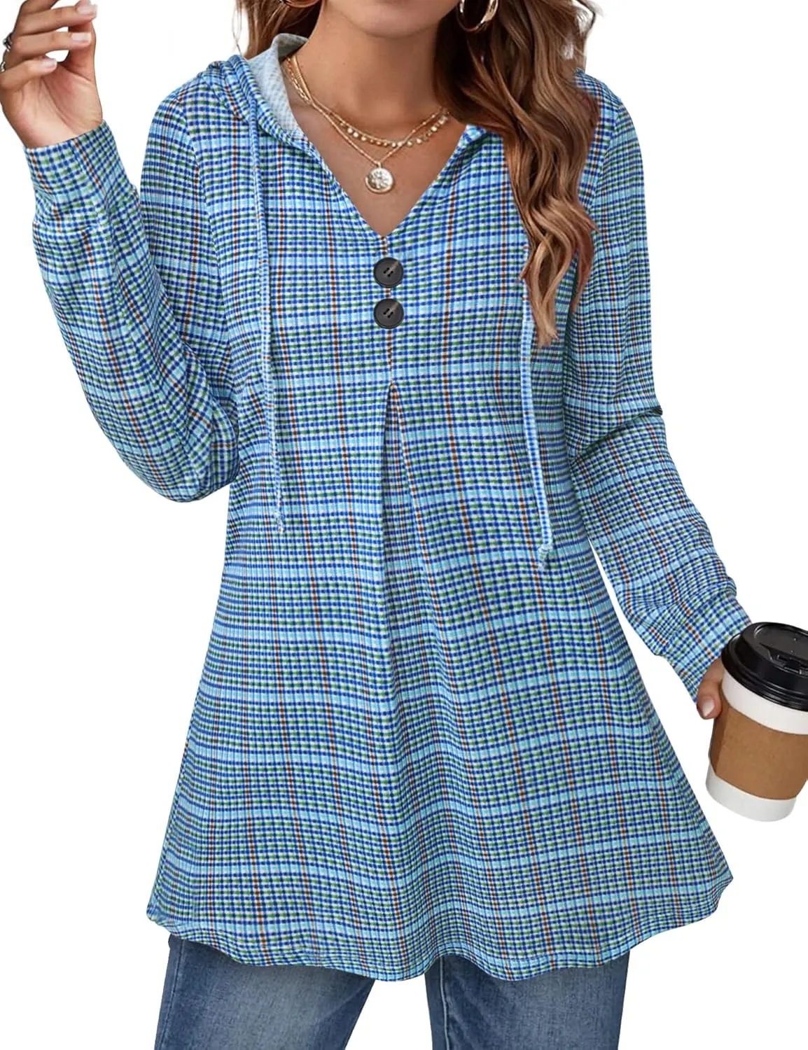 Lotusmile Women's Long Sleeve Hooded Tunic Tops Button Swing Pullover Hoodie Sweatshirts