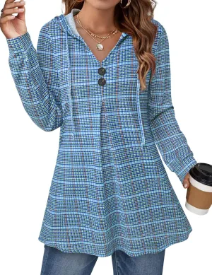 Lotusmile Women's Long Sleeve Hooded Tunic Tops Button Swing Pullover Hoodie Sweatshirts