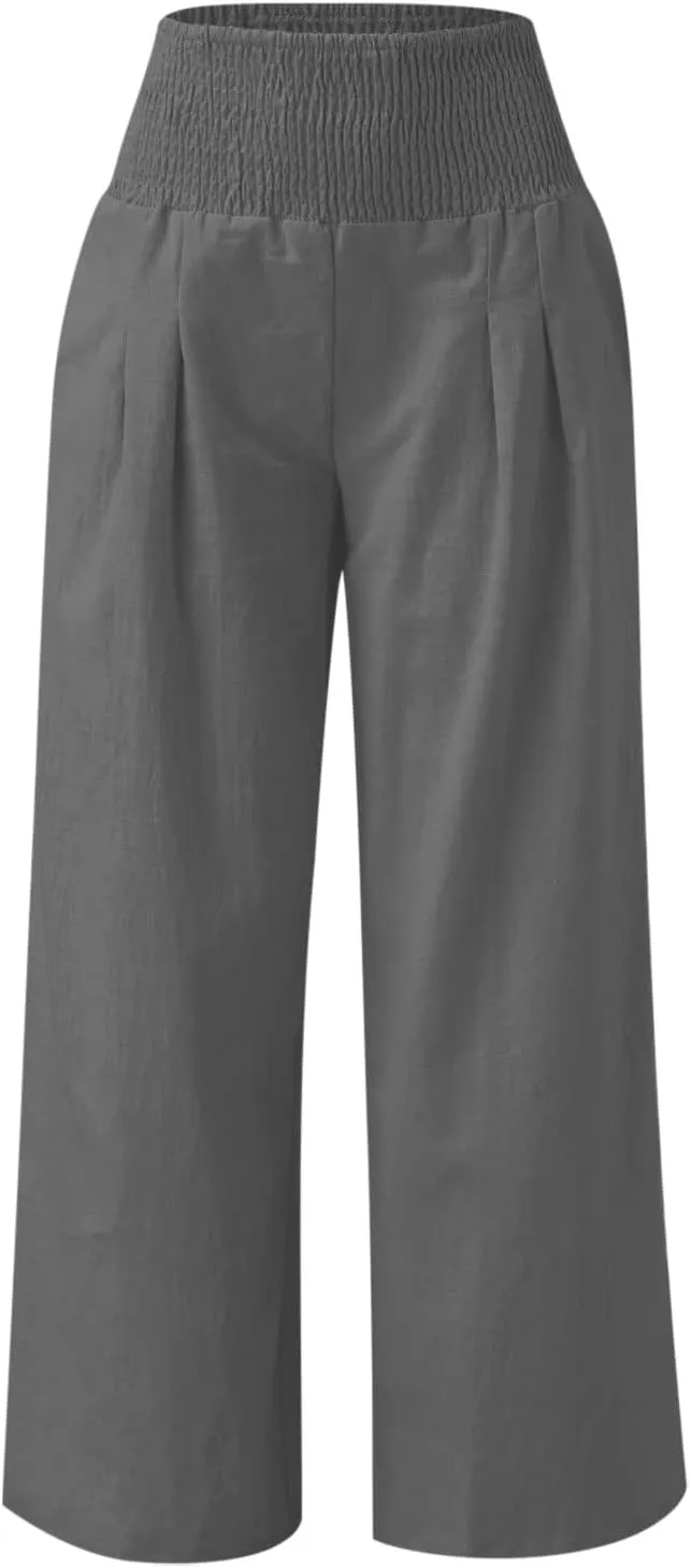 LRMQS Linen Wide Leg Pants Women Summer Casual Drawstring Elastic High Waist Trousers Resort Wear Beach Trendy Palazzo Pant