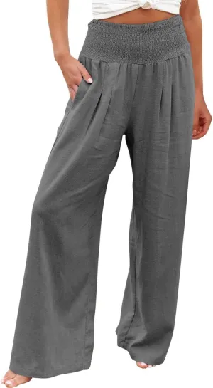 LRMQS Linen Wide Leg Pants Women Summer Casual Drawstring Elastic High Waist Trousers Resort Wear Beach Trendy Palazzo Pant