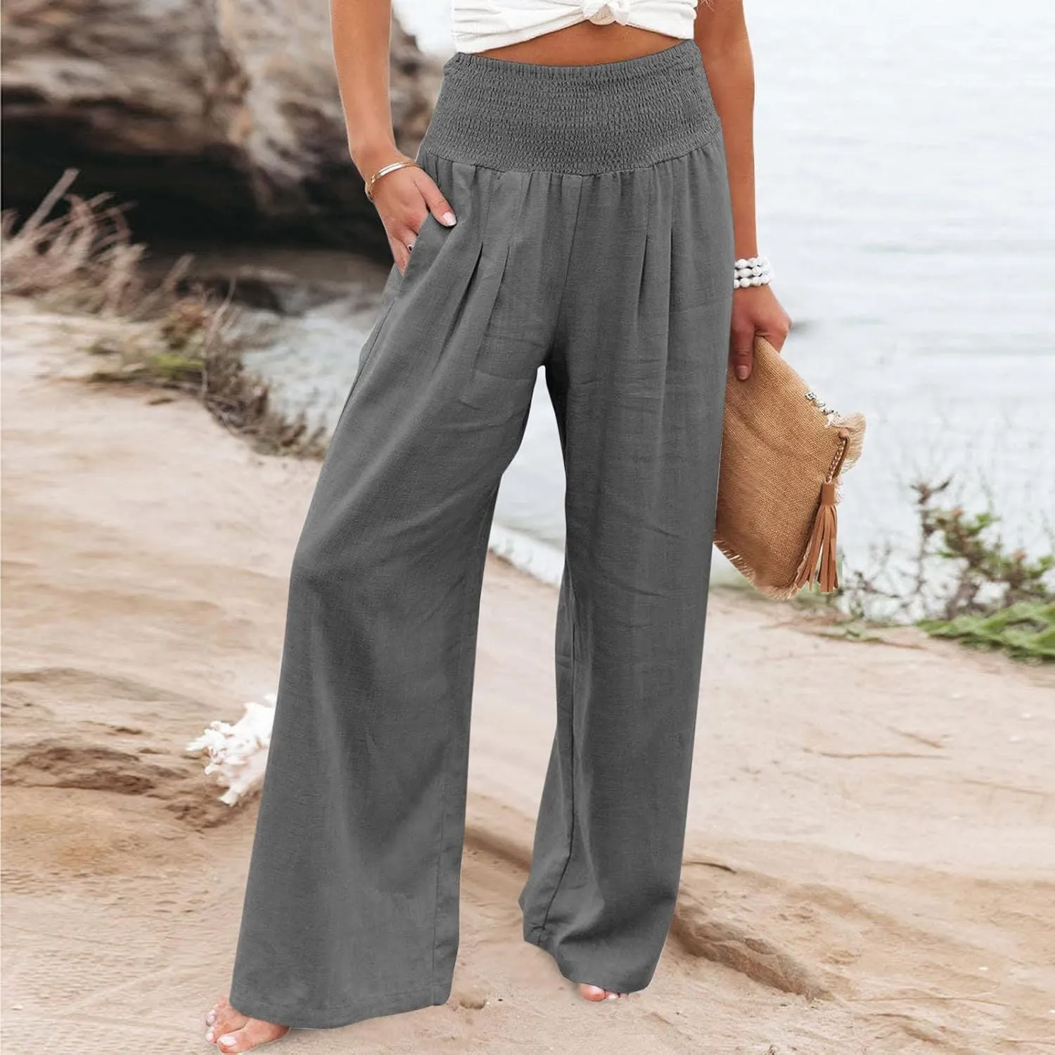 LRMQS Linen Wide Leg Pants Women Summer Casual Drawstring Elastic High Waist Trousers Resort Wear Beach Trendy Palazzo Pant