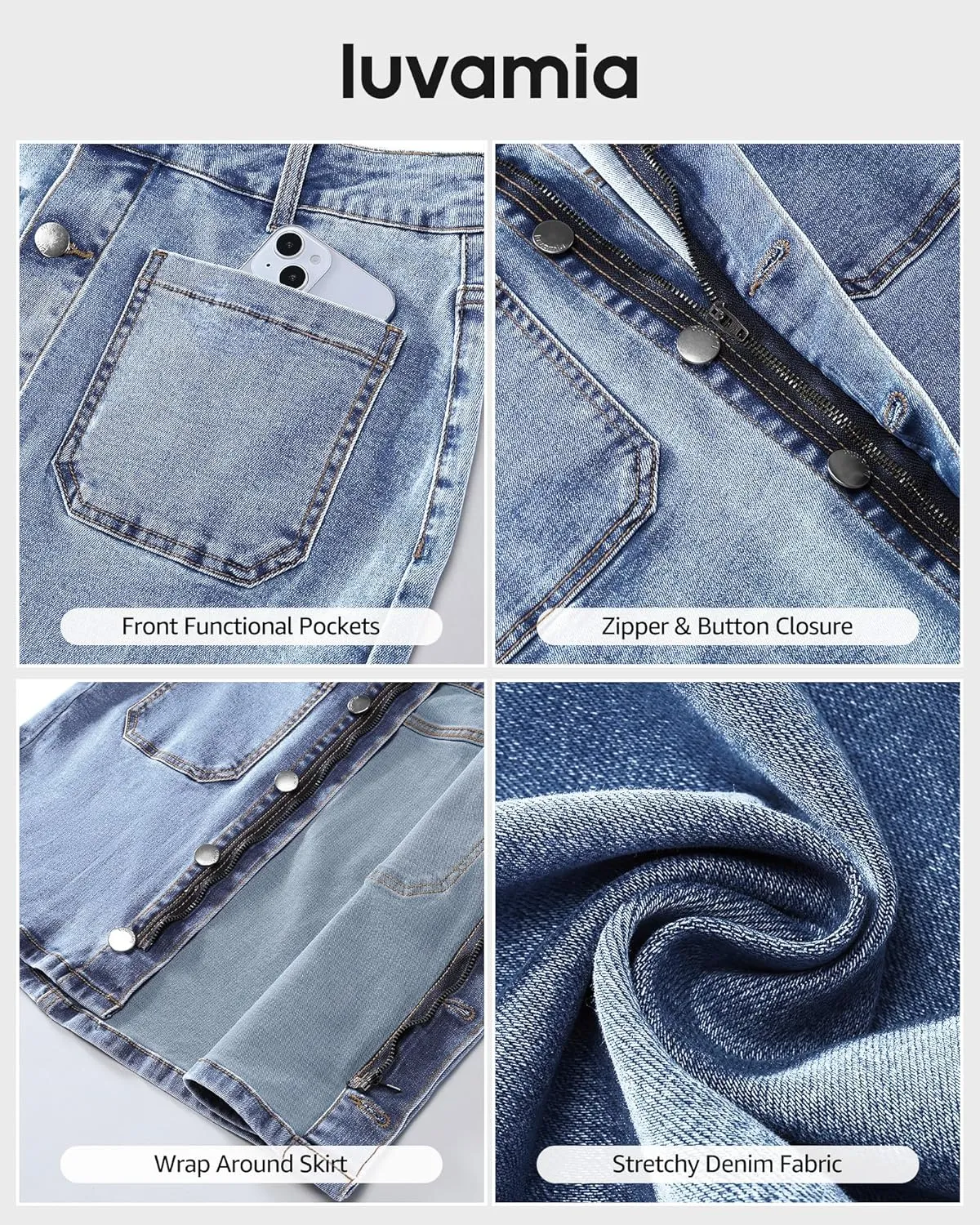luvamia Jean Skirts for Women Denim High Waisted Trendy Stretchy Mini Button Front Short Pencil Skirt with Patch Pockets