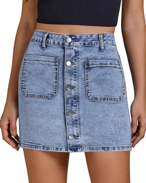luvamia Jean Skirts for Women Denim High Waisted Trendy Stretchy Mini Button Front Short Pencil Skirt with Patch Pockets