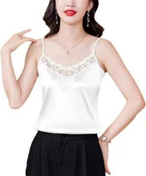 M-4XL Korean Fashion Satin Shirt 2024 Spring Summer New Patchwork Lace Camisole V-Neck Sleeveless Camis Tops
