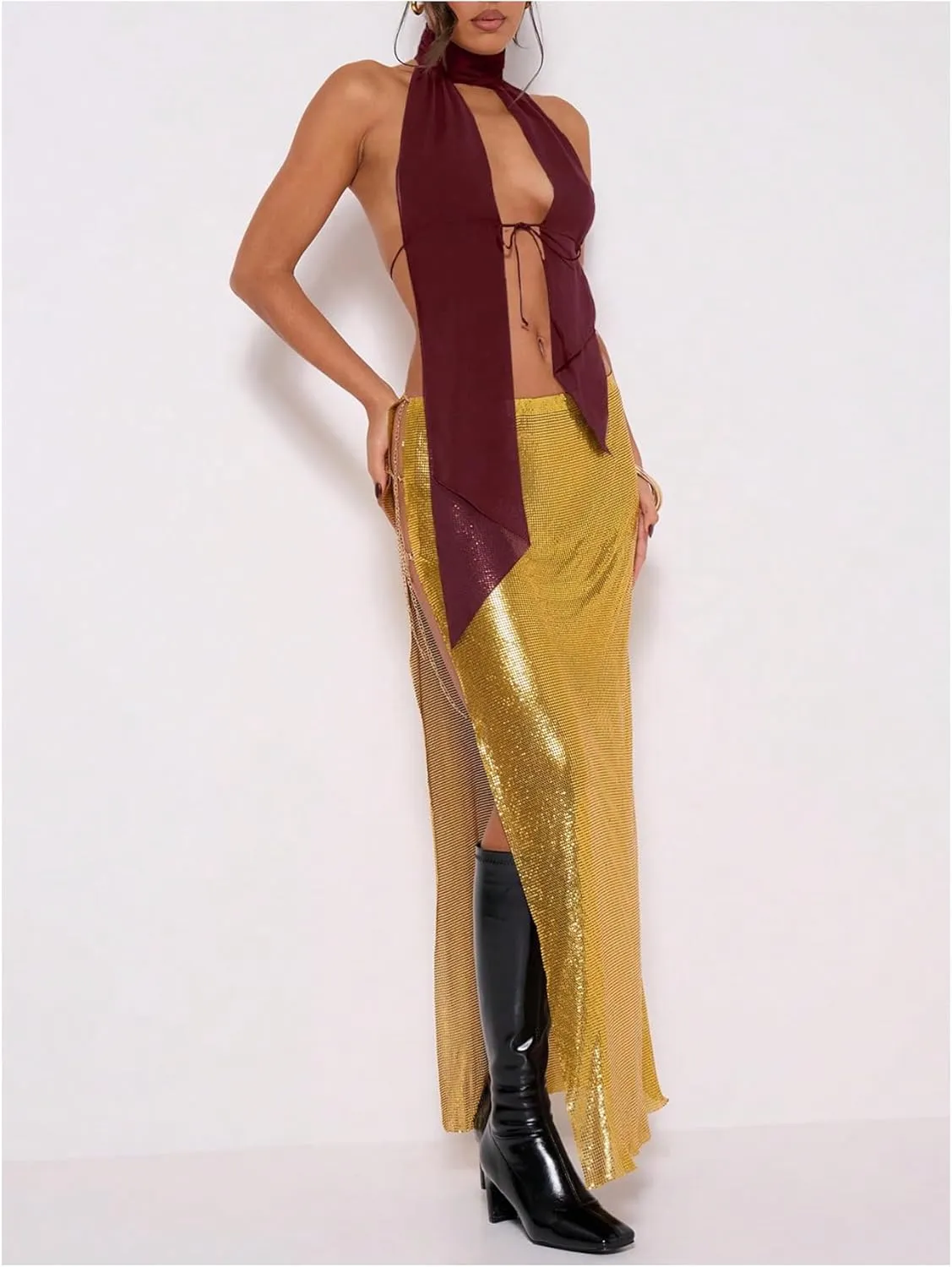 MakeMeChic Women's Cheetah Print Halter Top Y2K Tie Front Backless Club Going Out Tank Tops