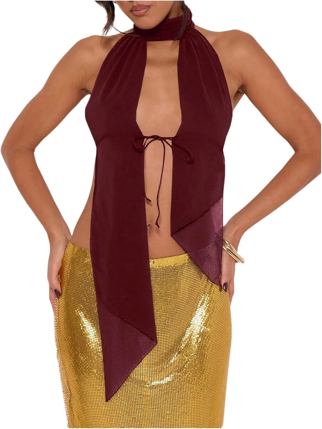 MakeMeChic Women's Cheetah Print Halter Top Y2K Tie Front Backless Club Going Out Tank Tops