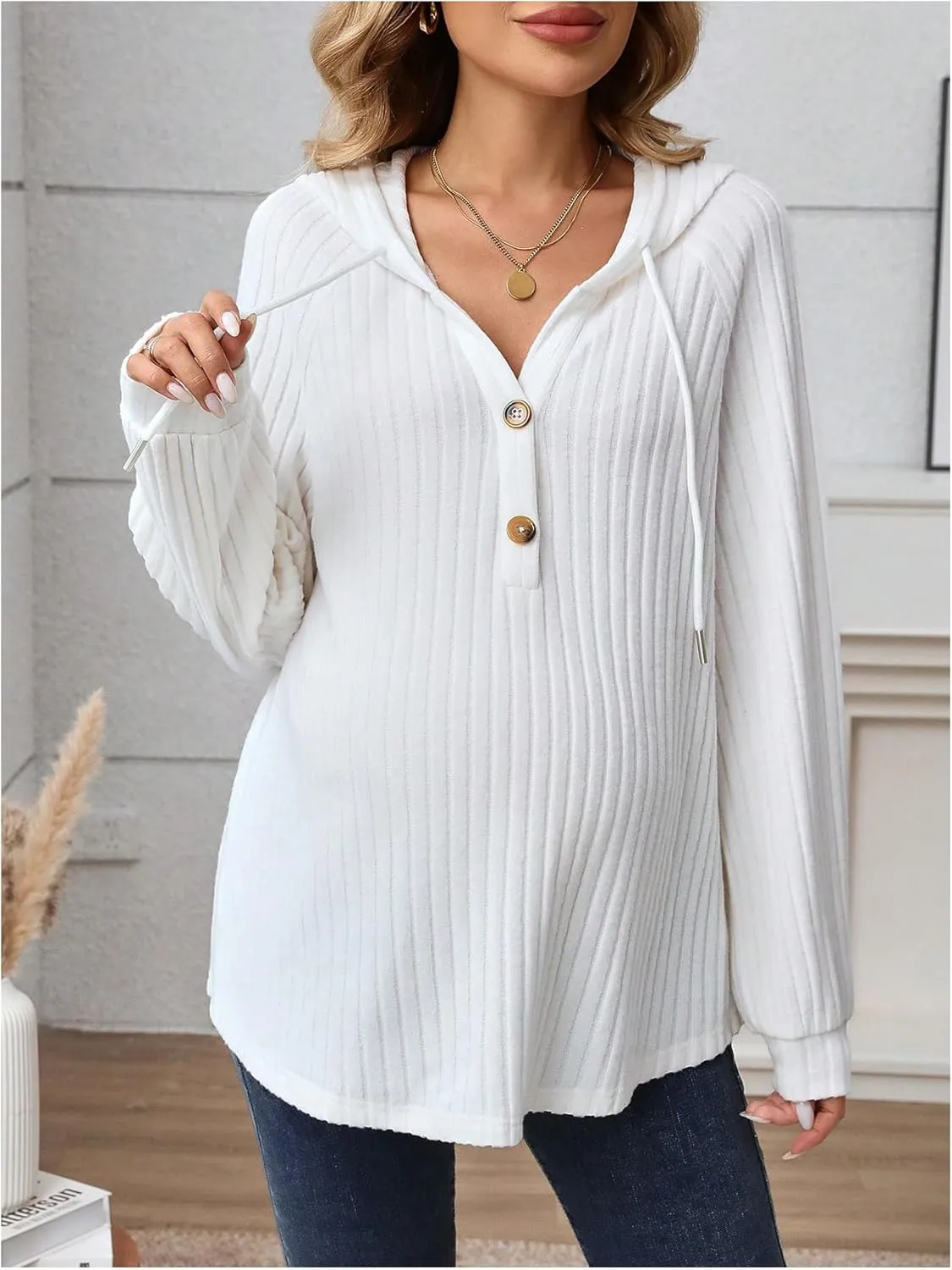MakeMeChic Women's Maternity Sweatshirt Drawstring Button Long Sleeve Knitted Hoodie Pullover Sweater Pregnancy Tops