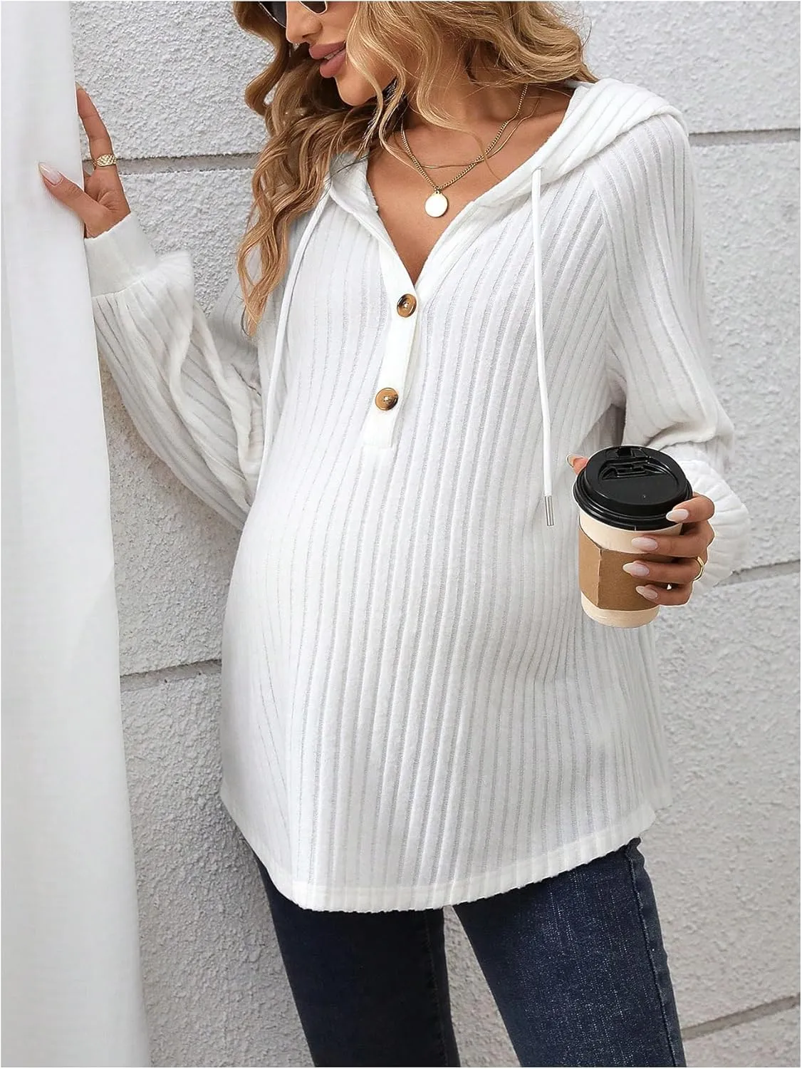 MakeMeChic Women's Maternity Sweatshirt Drawstring Button Long Sleeve Knitted Hoodie Pullover Sweater Pregnancy Tops