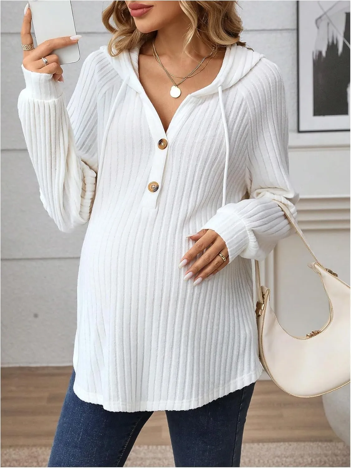 MakeMeChic Women's Maternity Sweatshirt Drawstring Button Long Sleeve Knitted Hoodie Pullover Sweater Pregnancy Tops