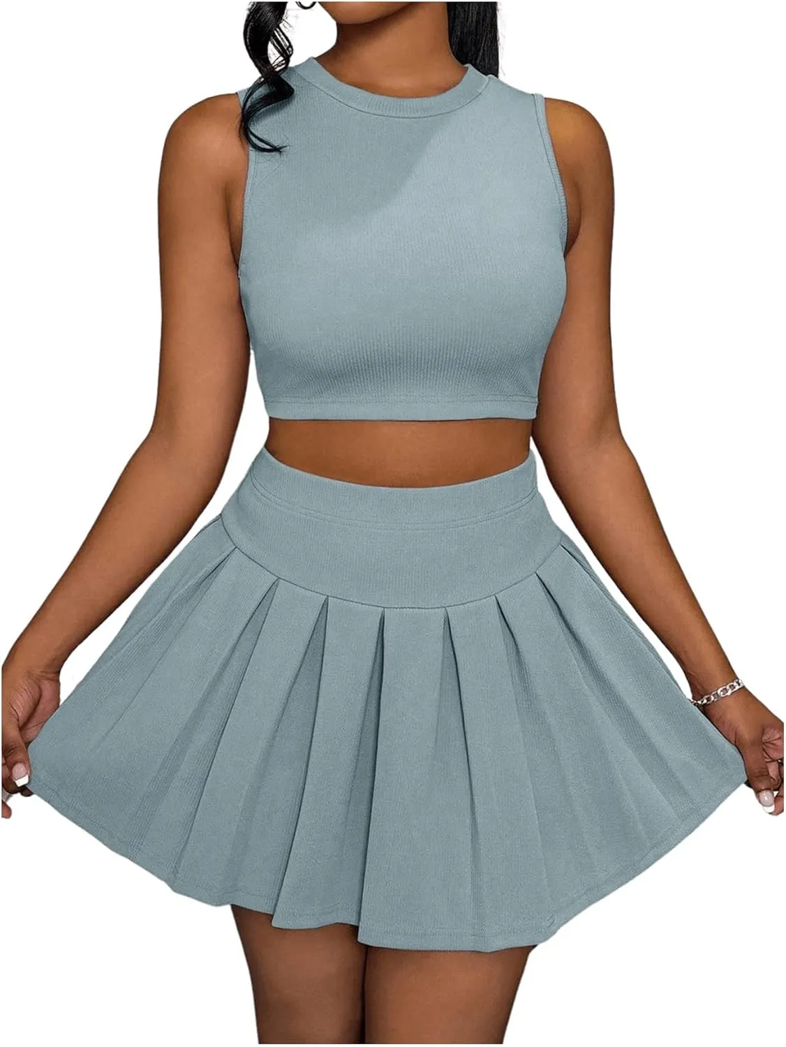MakeMeChic Women's Two Piece Skirt Set Crop Tank Top Y2K Pleated Mini Skirt