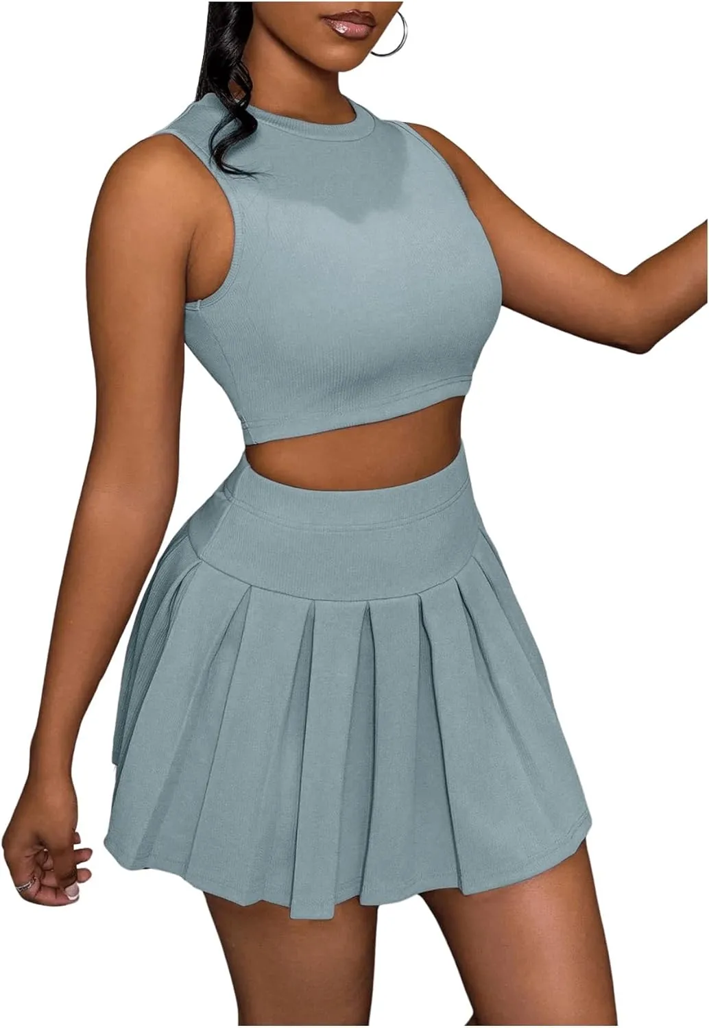 MakeMeChic Women's Two Piece Skirt Set Crop Tank Top Y2K Pleated Mini Skirt