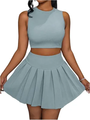 MakeMeChic Women's Two Piece Skirt Set Crop Tank Top Y2K Pleated Mini Skirt