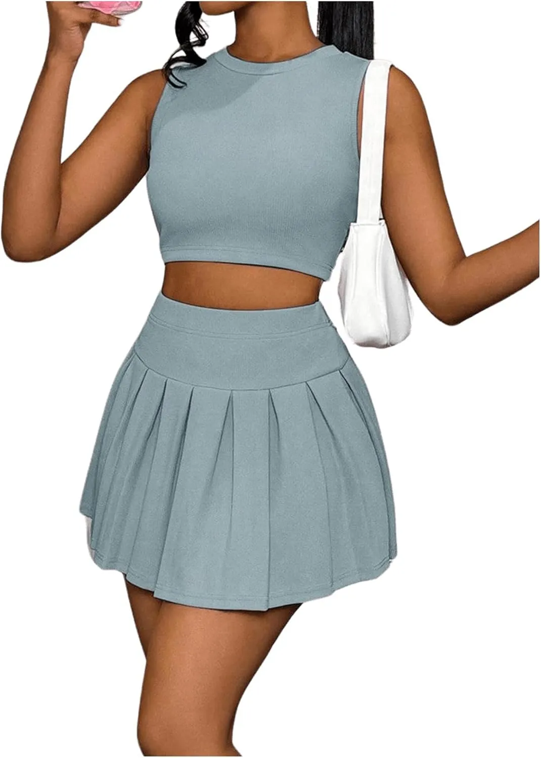 MakeMeChic Women's Two Piece Skirt Set Crop Tank Top Y2K Pleated Mini Skirt