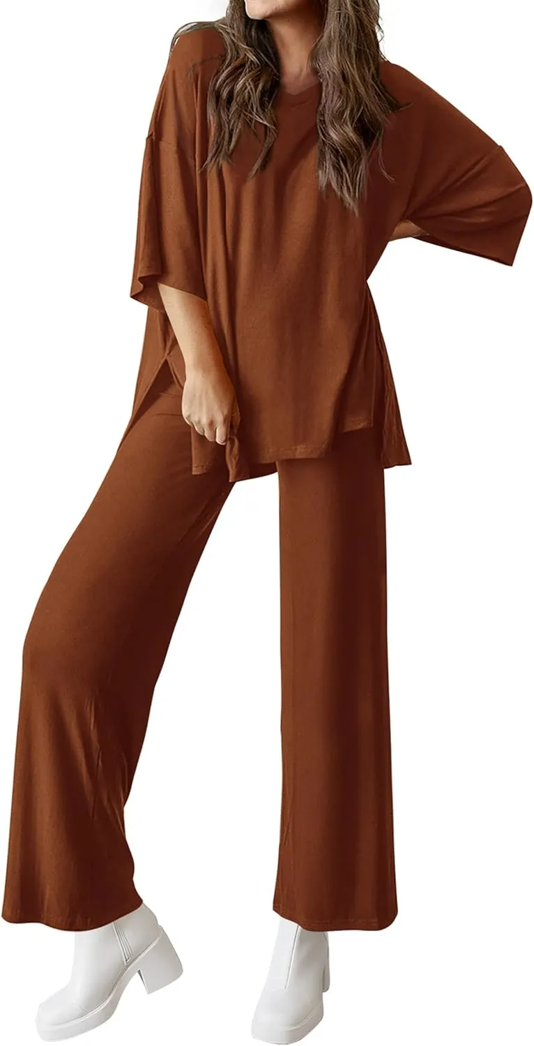 MASCOMODA Womens Summer 2 Piece Outfits Short Sleeve V Neck Tops Wide Leg Long Pants Casual Tracksuit Lounge Set