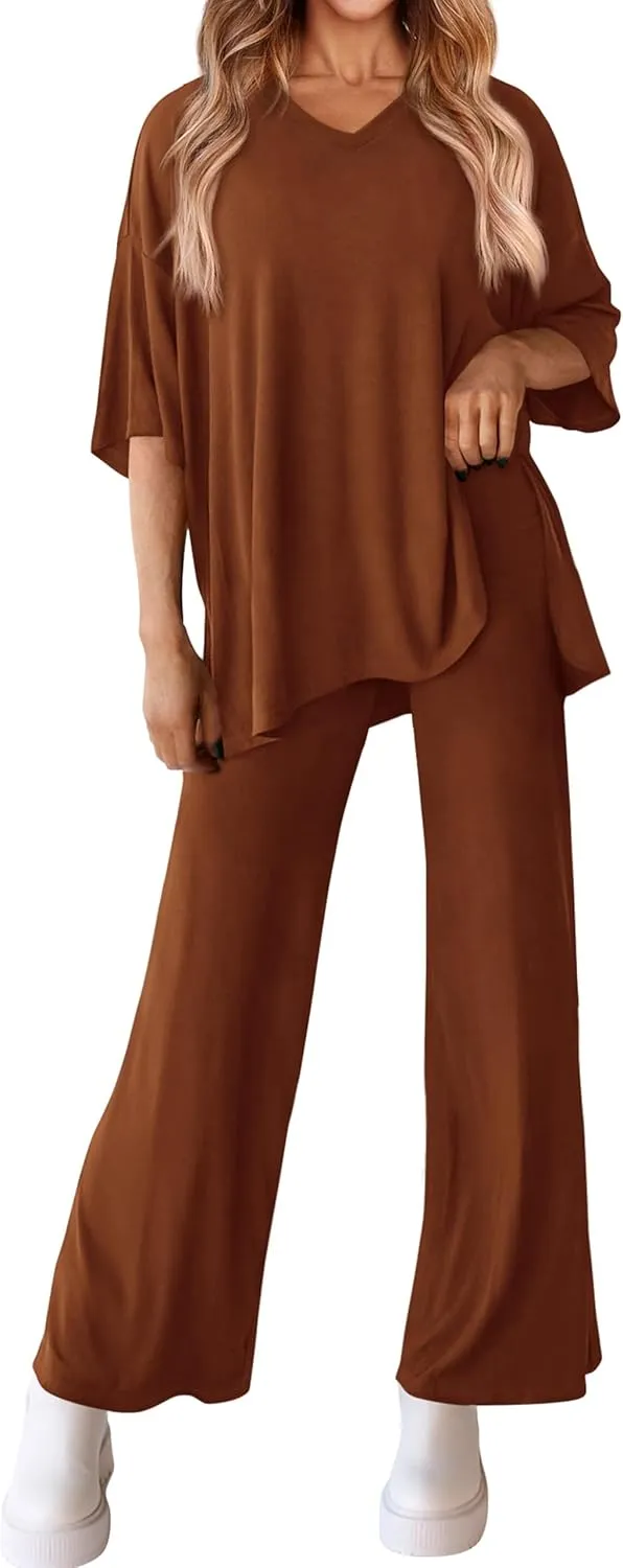 MASCOMODA Womens Summer 2 Piece Outfits Short Sleeve V Neck Tops Wide Leg Long Pants Casual Tracksuit Lounge Set