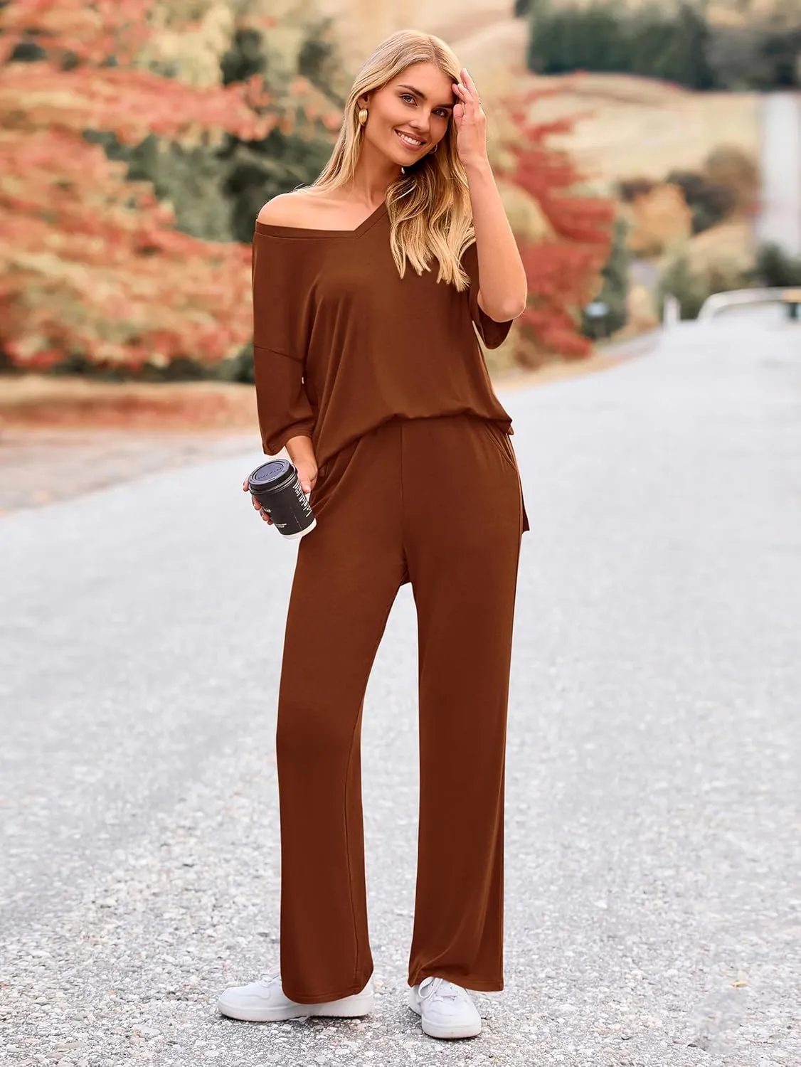 MASCOMODA Womens Summer 2 Piece Outfits Short Sleeve V Neck Tops Wide Leg Long Pants Casual Tracksuit Lounge Set