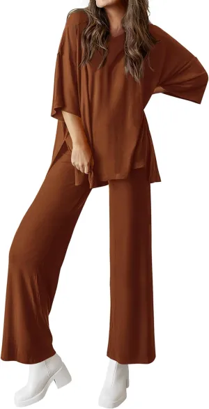 MASCOMODA Womens Summer 2 Piece Outfits Short Sleeve V Neck Tops Wide Leg Long Pants Casual Tracksuit Lounge Set