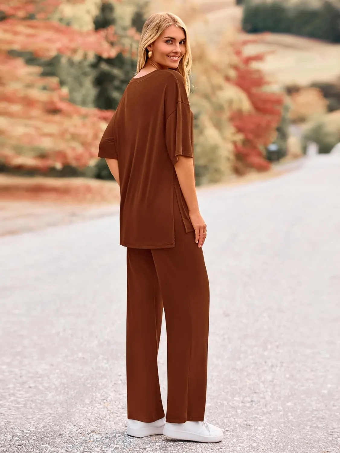 MASCOMODA Womens Summer 2 Piece Outfits Short Sleeve V Neck Tops Wide Leg Long Pants Casual Tracksuit Lounge Set