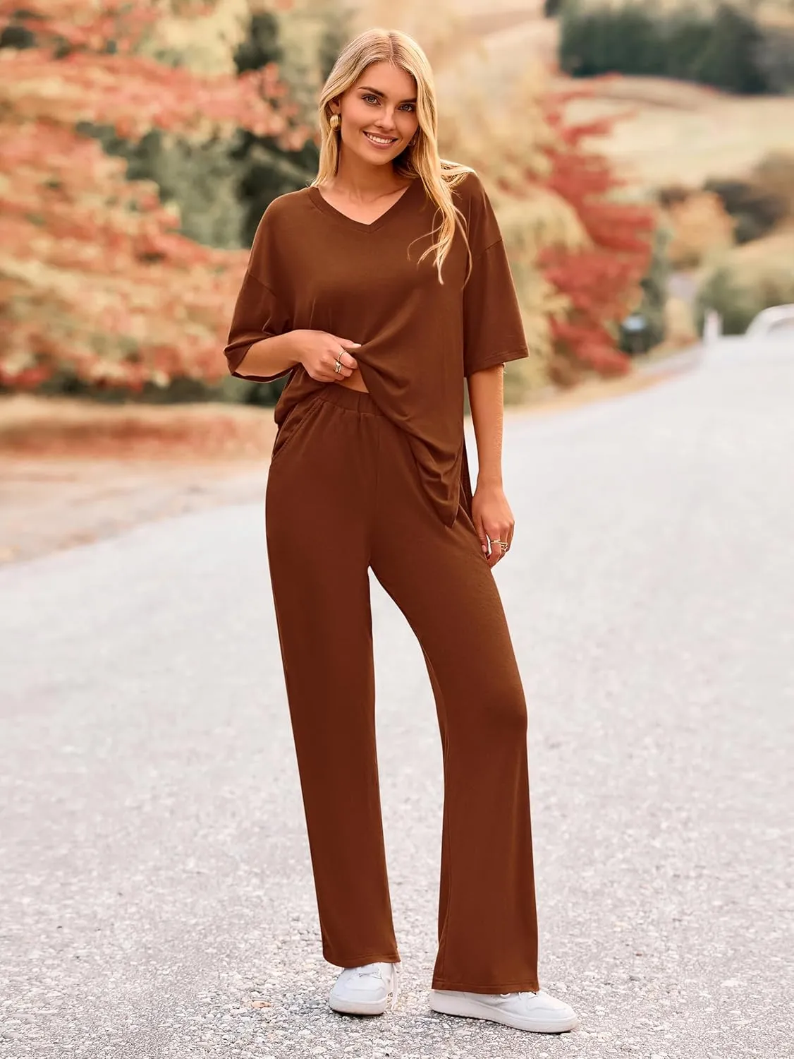 MASCOMODA Womens Summer 2 Piece Outfits Short Sleeve V Neck Tops Wide Leg Long Pants Casual Tracksuit Lounge Set