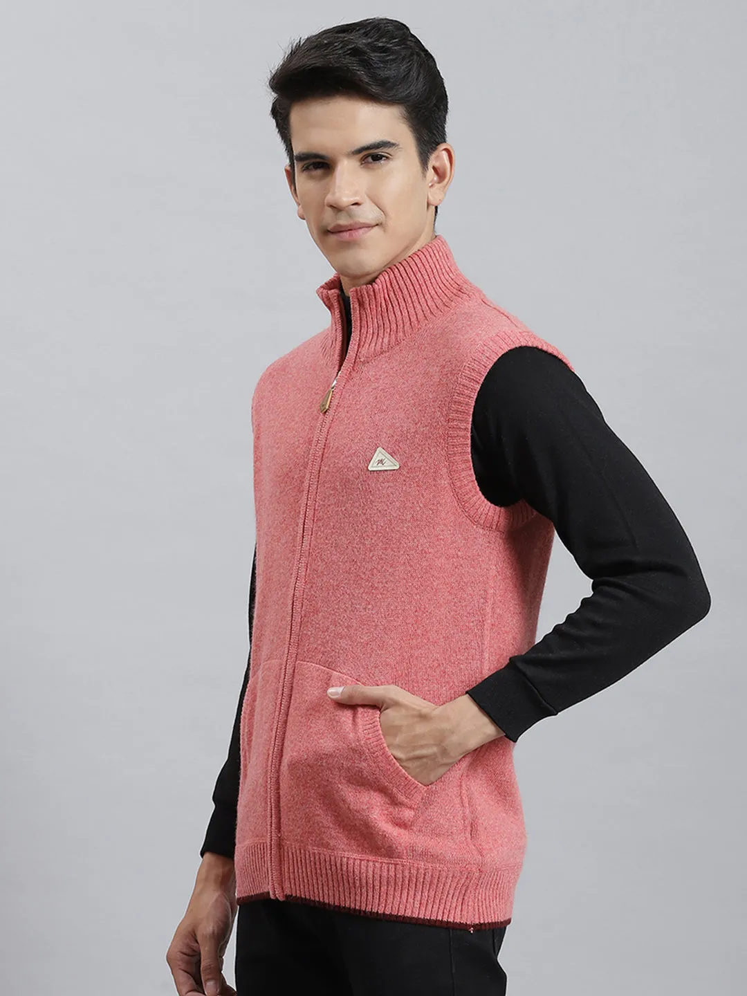 Men Red Solid Stand Collar Sleeveless Sweaters/Pullovers