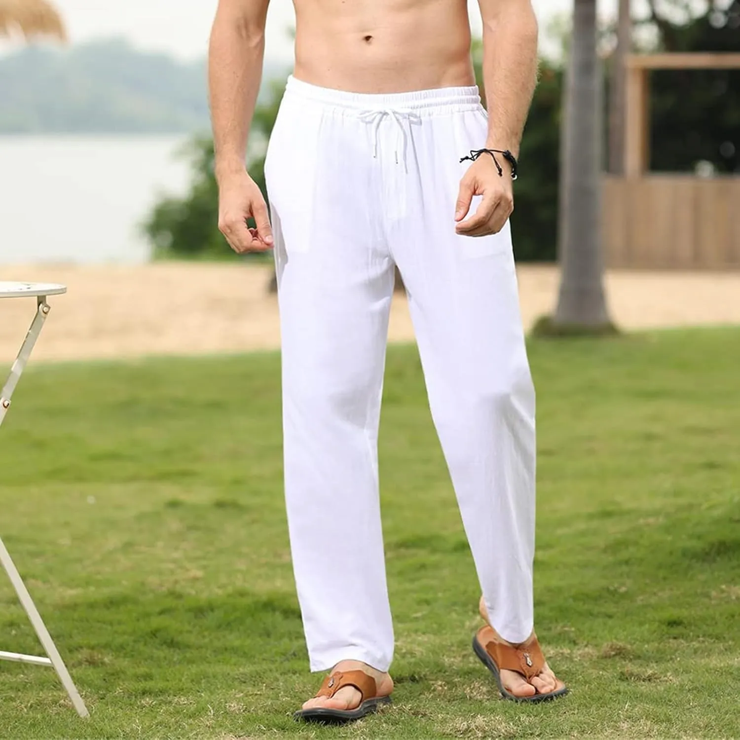 Men's Casual Cotton Linen Pants Lightweight Drawstring Pant Solid Color Slim Fit Trousers Beach Summer Pants
