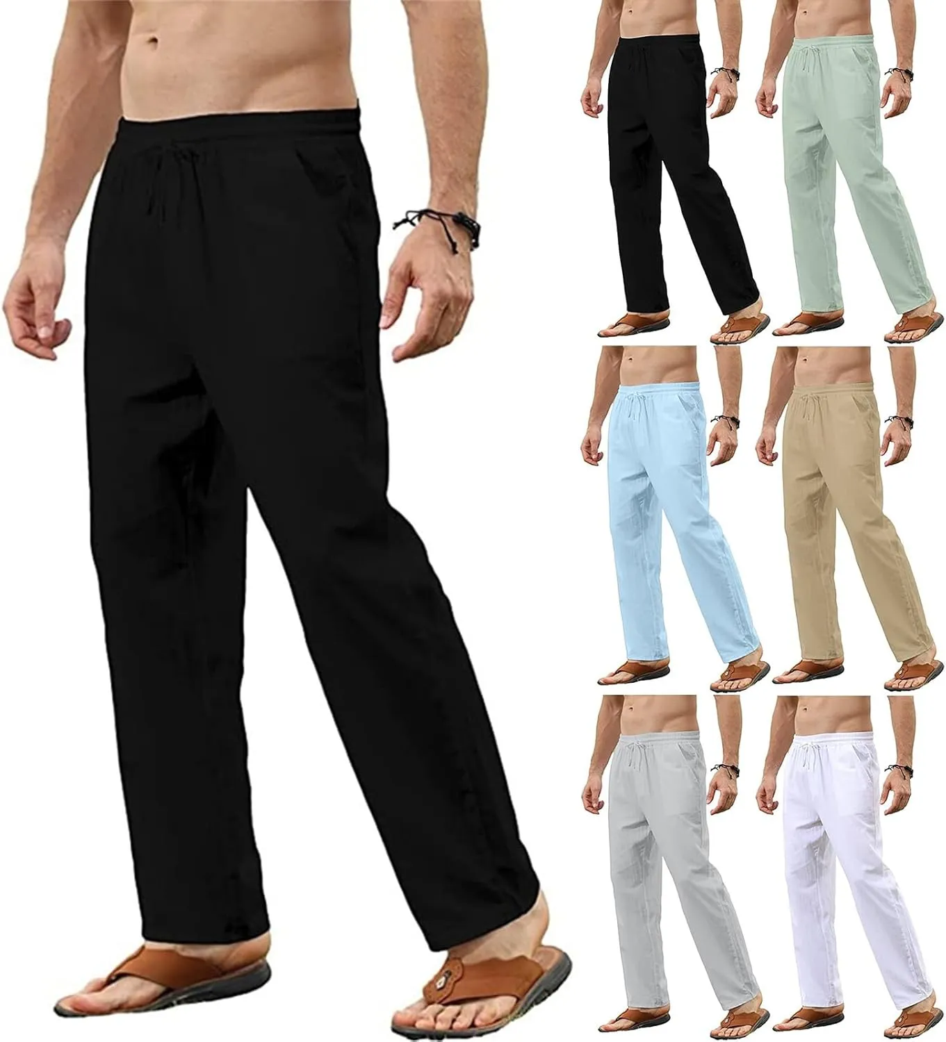 Men's Casual Cotton Linen Pants Lightweight Drawstring Pant Solid Color Slim Fit Trousers Beach Summer Pants