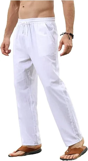 Men's Casual Cotton Linen Pants Lightweight Drawstring Pant Solid Color Slim Fit Trousers Beach Summer Pants