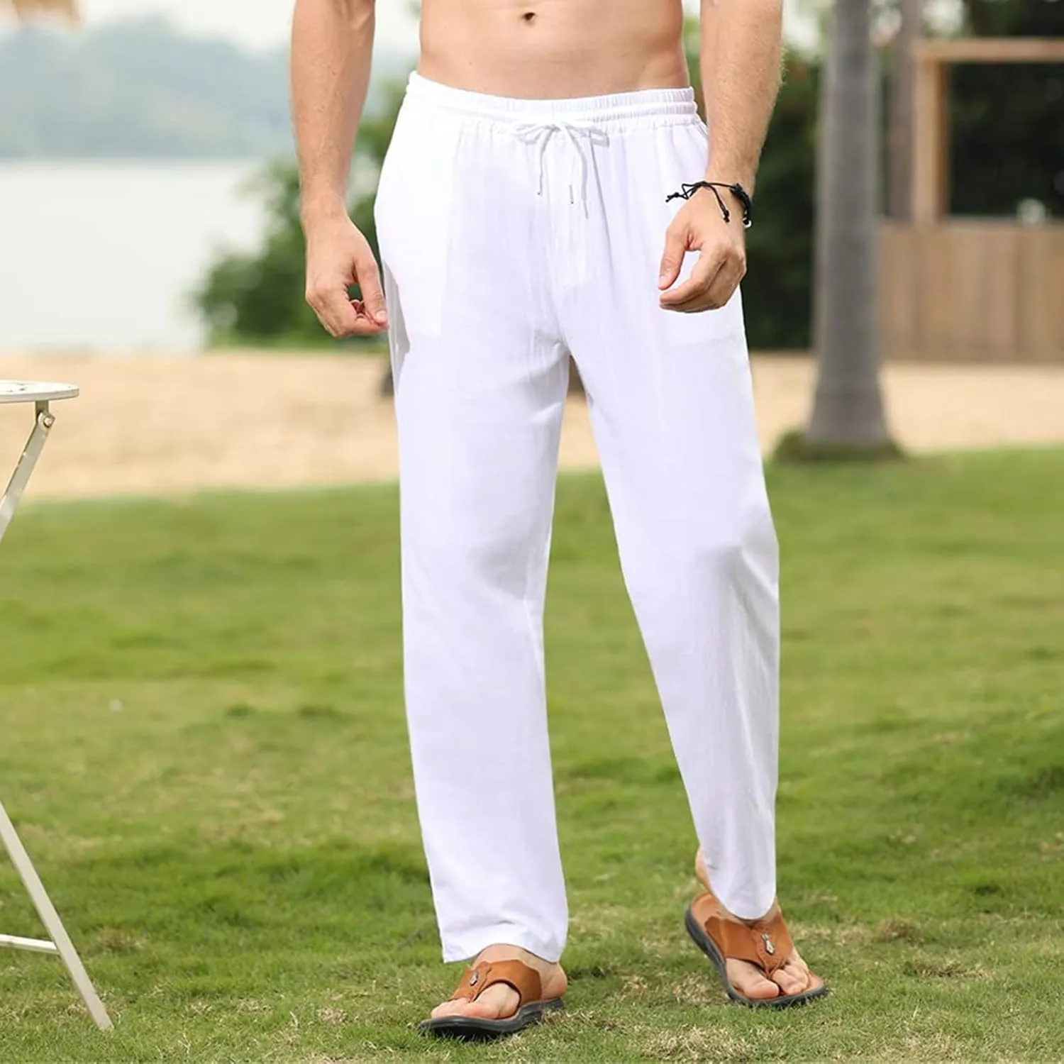 Men's Casual Cotton Linen Pants Lightweight Drawstring Pant Solid Color Slim Fit Trousers Beach Summer Pants