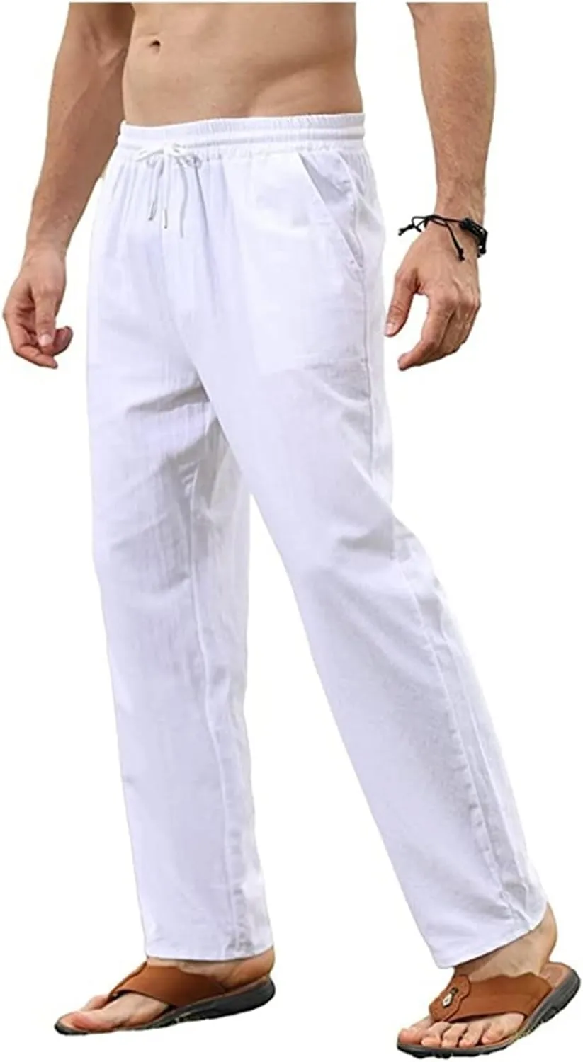 Men's Casual Cotton Linen Pants Lightweight Drawstring Pant Solid Color Slim Fit Trousers Beach Summer Pants