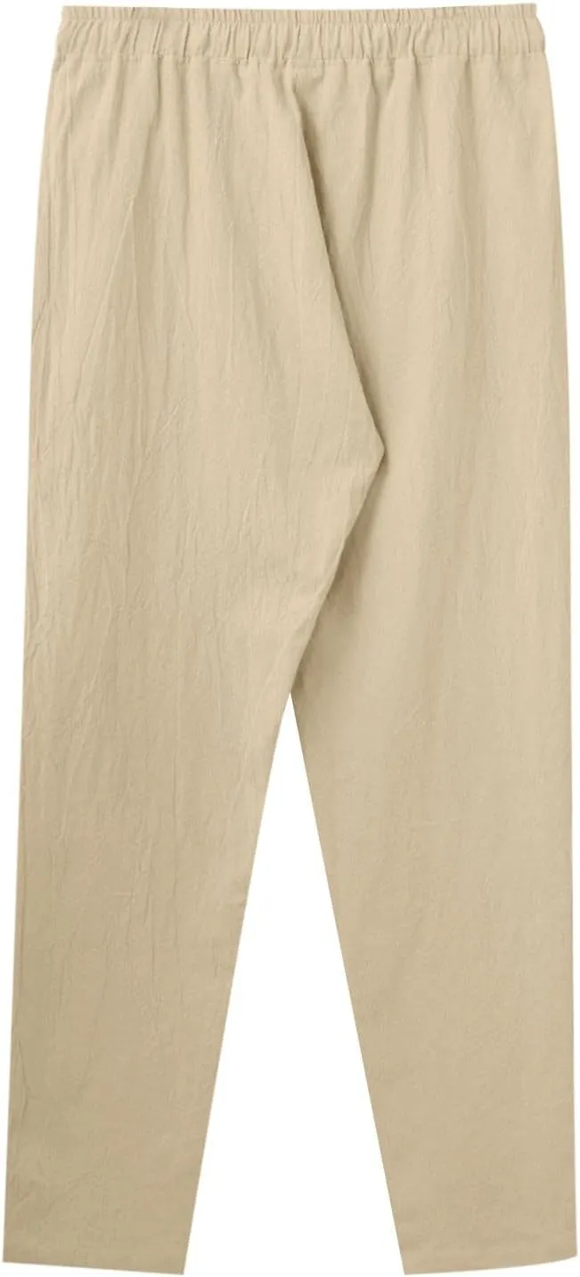 Men's Casual Linen Pants Loose Fit Elastic Drawstring Waist Straight Legs Summer Yoga Beach Long Pants 2024