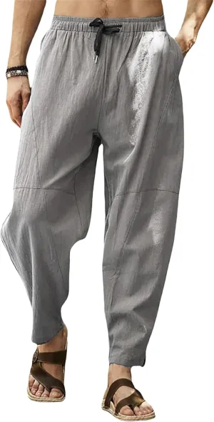 Men's Cotton Linen Casual Hip-Hop Pants Elastic Waist Drawstring Lightweight Pans Loose Fit Summer Beach Yoga Trousers