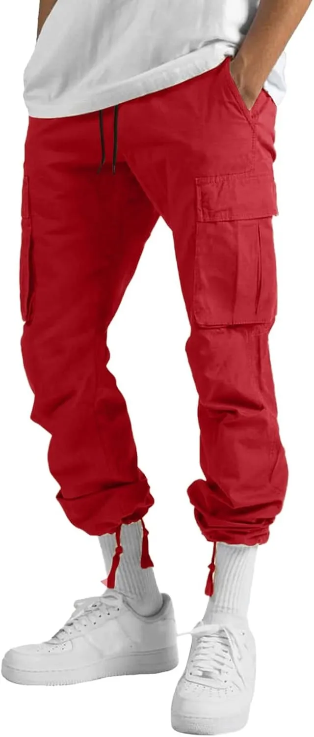 Mens Drawstring Cargo Pants Casual Stretch Waist Sweatpants Running Athletic Tactical Trousers Hiking Pants with Pockets