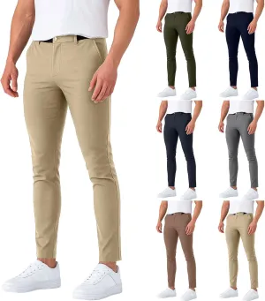 Mens Dress Pants Slim Fit Stretch Golf Pants with Pockets Tapered Lightweight Business Elastic Waist Chino Pants