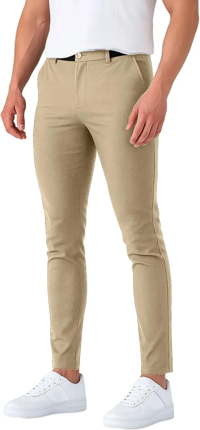 Mens Dress Pants Slim Fit Stretch Golf Pants with Pockets Tapered Lightweight Business Elastic Waist Chino Pants