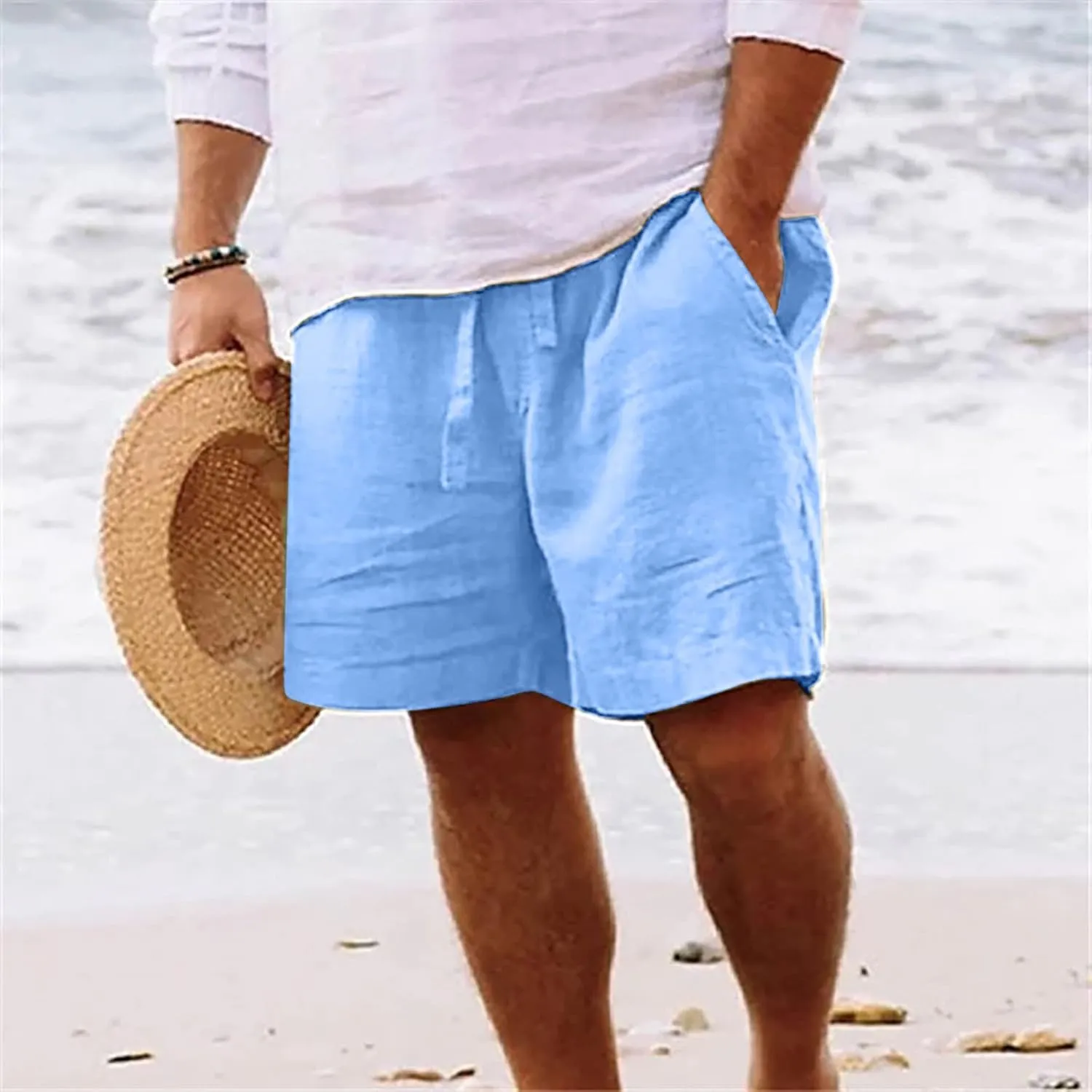 Mens Shorts Summer Trendy Cotton Linen Sport Pants Elastic Waist Drawstring Trousers Straight Beach Pants with Pockets